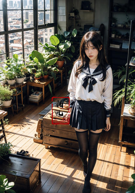 606247209521969373-1864019761-Epic CG masterpiece, an anime girl in a room with plants, no shoes, Black transparent pantyhose, pleated skirt, Sailor suit, sai.jpg